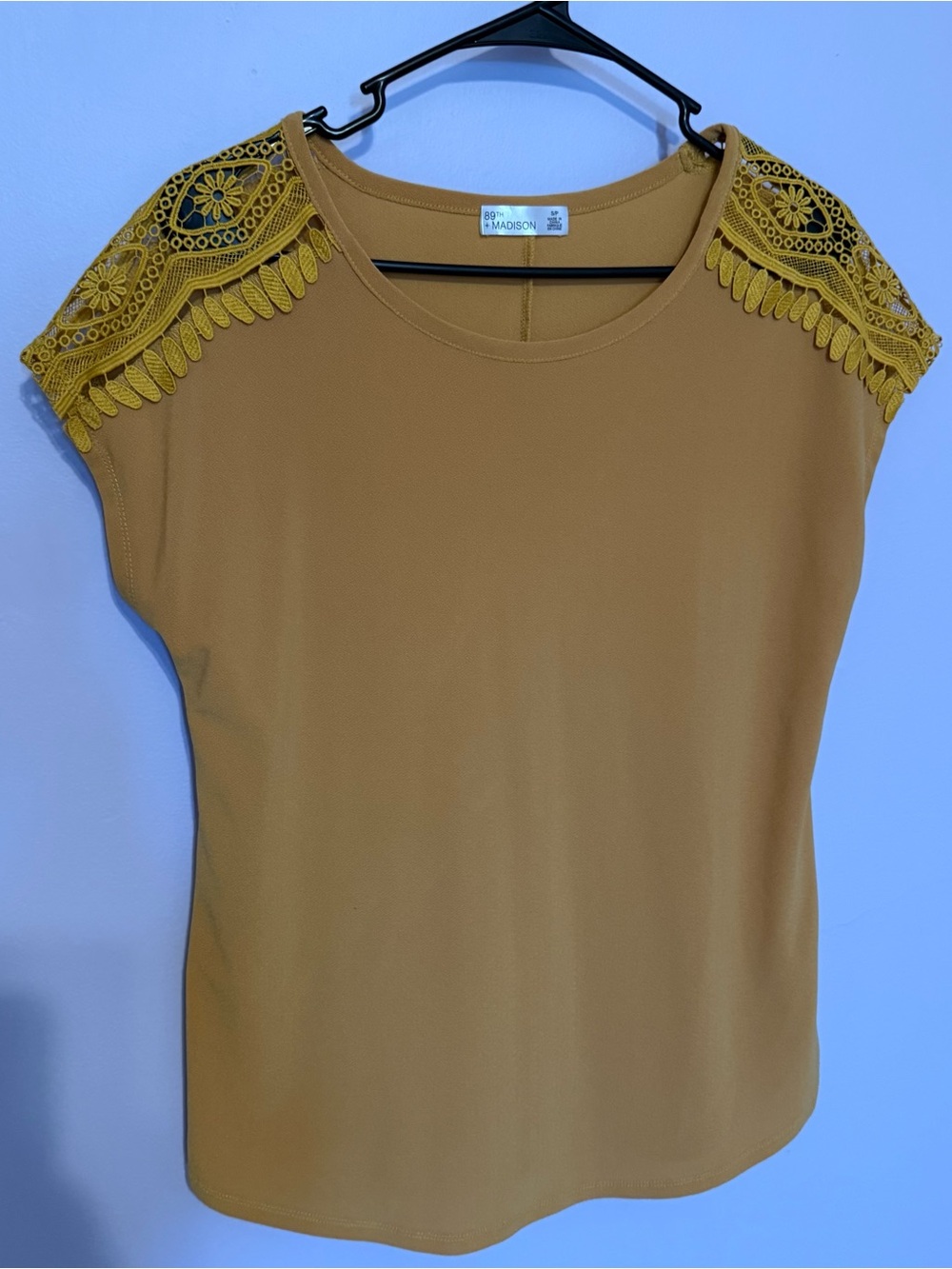 89th & Madison Mustard Short-Sleeve Top with Crochet Shoulders